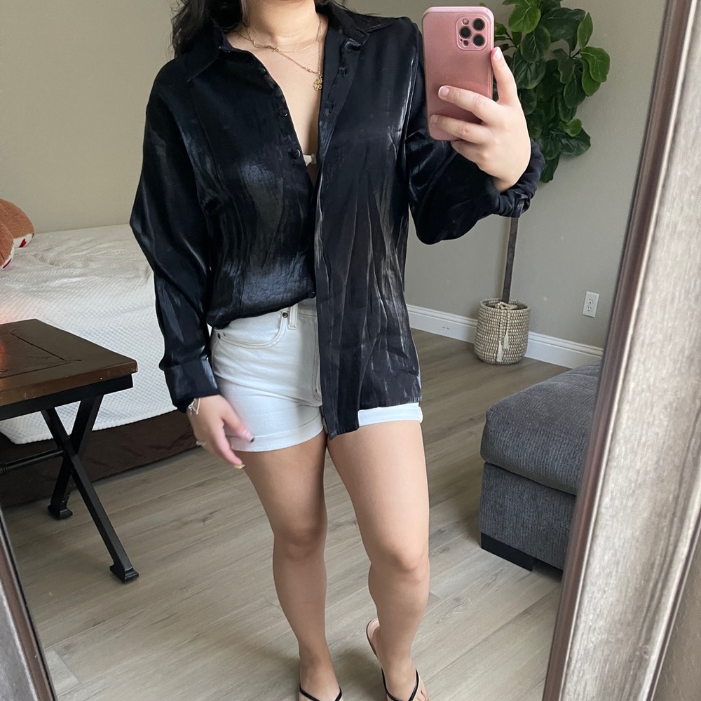 Oversized black sheen button up top